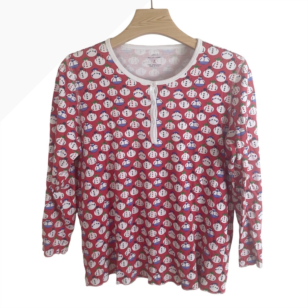 Roller Rabbit Snowman Pajama Set Red Pima Cotton Henley Holiday Women Large